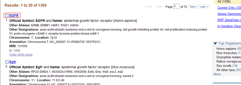 Results of a search using the EGFR gene ID 